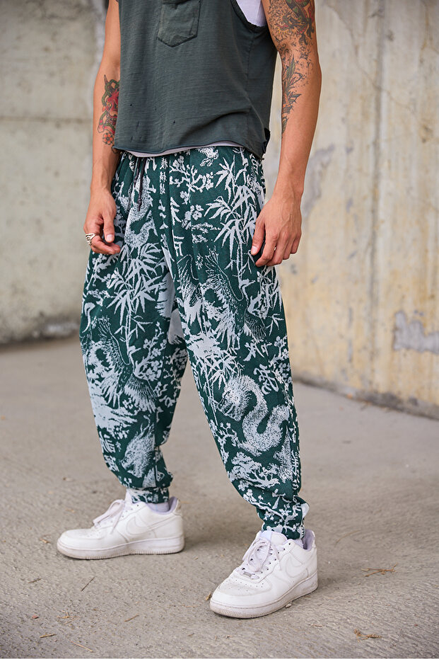 Men's Pleated Elastic Cuffed Patterned Shalwar Trousers