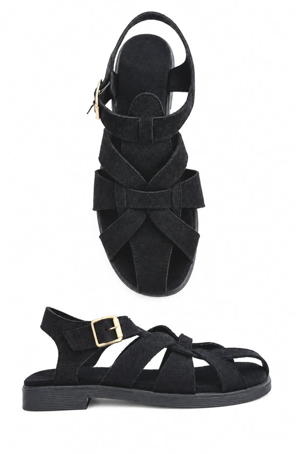 Women's Nubuck Black Sandals with Buckle and Cross Straps, Comfortable Daily Summer Sandals