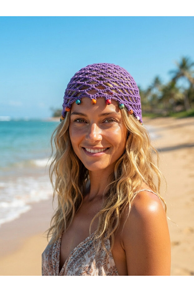 File Beaded Beanie Hand Knitted Natural Cotton Beanie