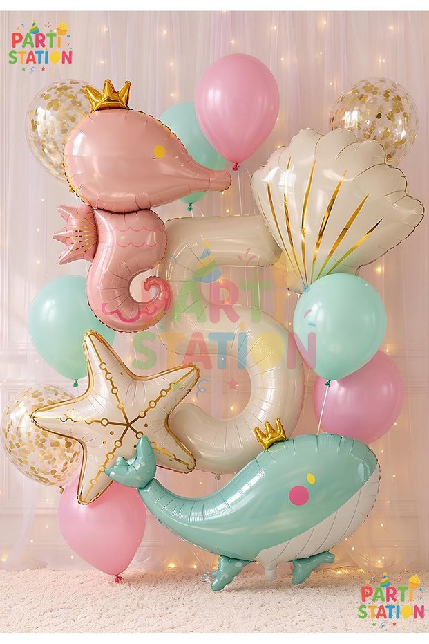 Mermaid Concept Balloon Set 5 Years Old - 15 Piece Extra Large Size Retro Balloon Seahorse and Whale Foil Balloon Set Birthday Party Decoration Set