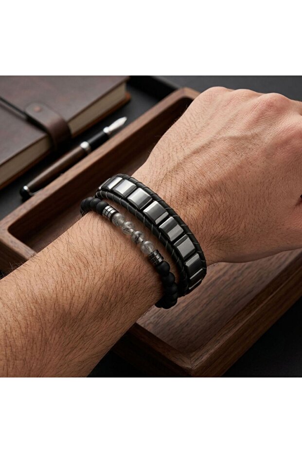 Hematite Stone Genuine Leather and Natural Stone Double Men's Bracelet Set