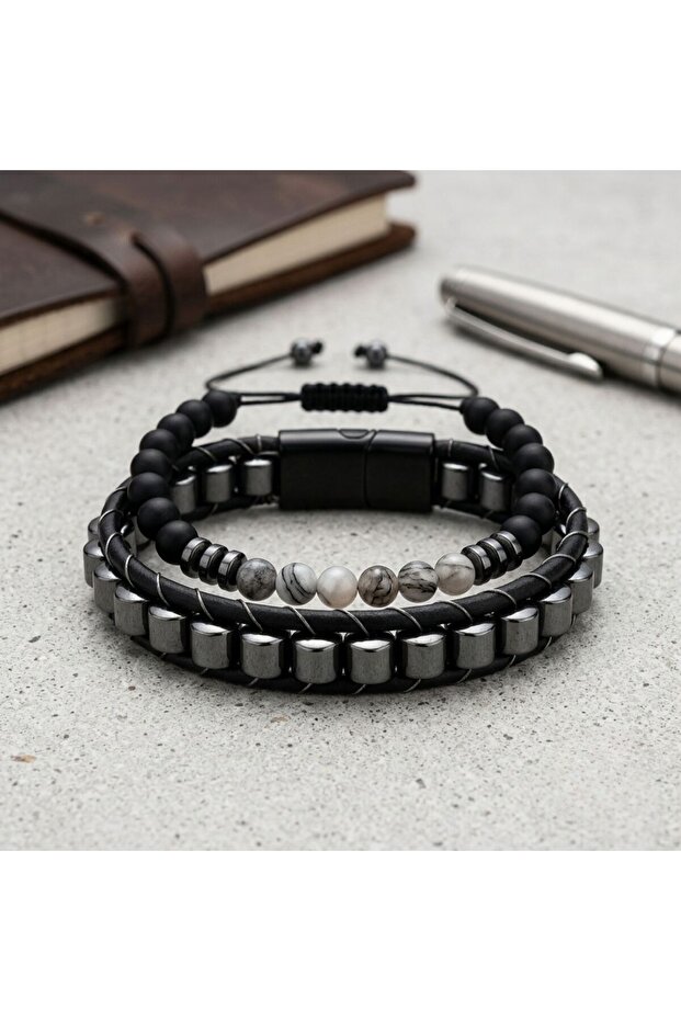 Hematite Stone Leather and Natural Stone Double Men's Bracelet Set