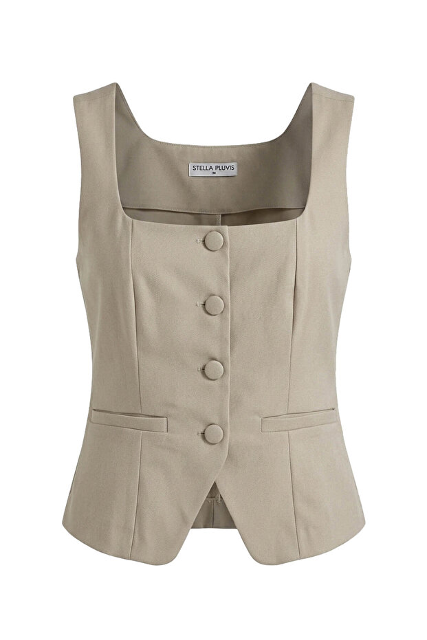 Ecru Unlined Square Collar Vest