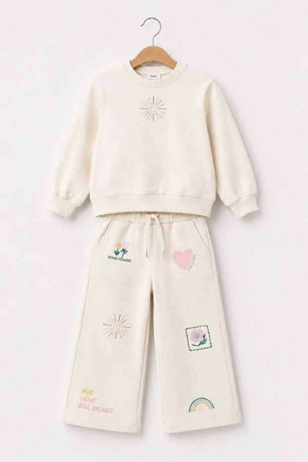 Girl's Embroidered Sweatshirt Tracksuit Set Cream