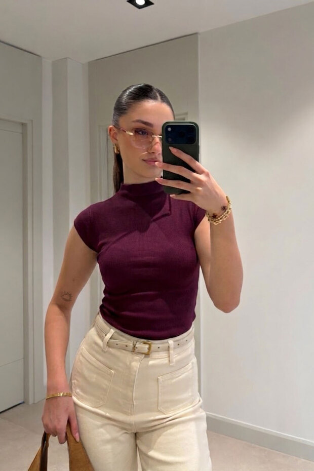 Premium Stand-Up Collar Blouse - Mulberry