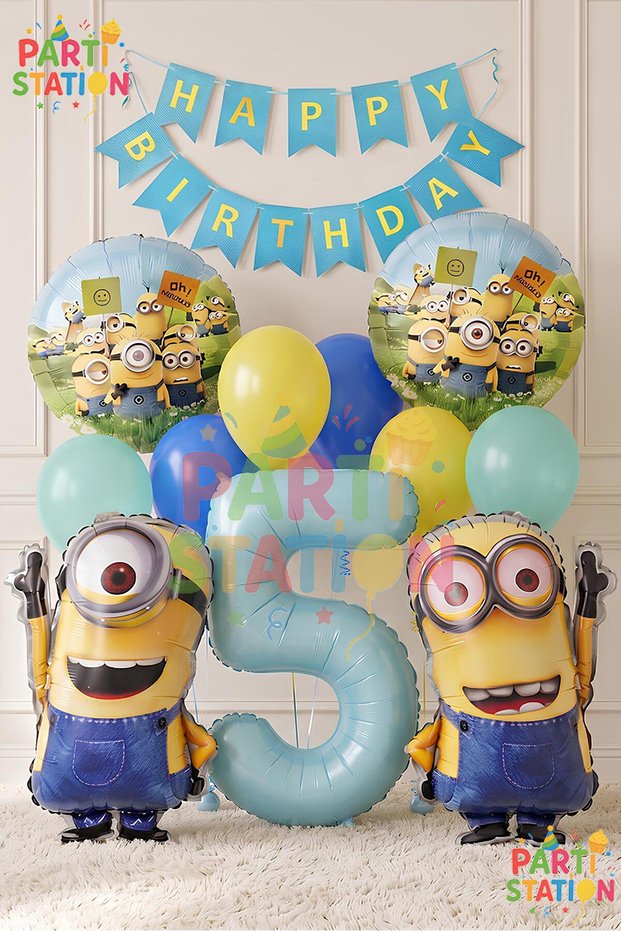 Minions Balloon 12 Piece Set 5 Year Old Birthday Set Happy Birthday Banner Number Foil Balloon and Minion Foil Balloon Set