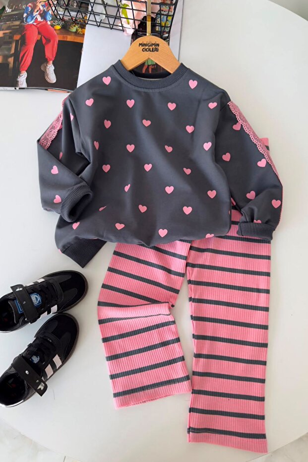 Heart Patterned Sweatshirt and Striped Pants Girls' 2-Piece Set - Anthracite