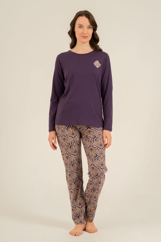 Women's Long Sleeve Modal Fabric Patterned Pajama Set (with Socks as a Gift)