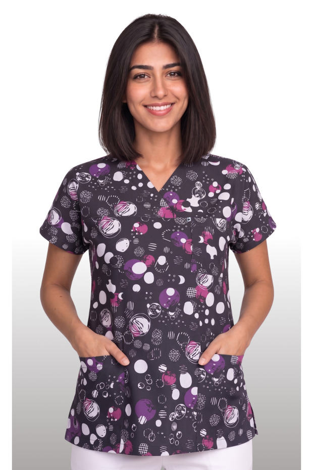 Women's V-Neck Bat Sleeve Purple Dot Patterned Lycra Linda Fabric Doctor Nurse Scrubs Uniform Single Top