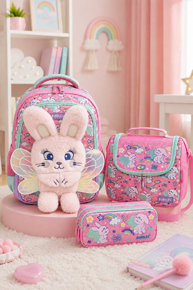 Bubbles Girl's Cute Plush Rabbit 3-Piece School Bag Set - Backpack, Lunch Bag, Pencil Case