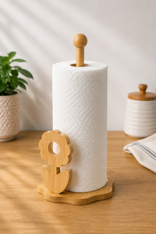 Bamboo Paper Towel Holder with Flower Design – Desktop Paper Towel Stand and Tear-Off Device