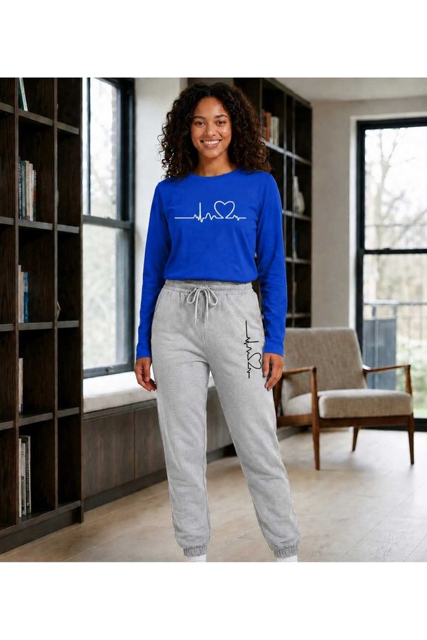 Zero Collar Sweat Suit 2-Piece Combination Winter Sharp Rhythmic Heart Printed Women's / Girls' Model