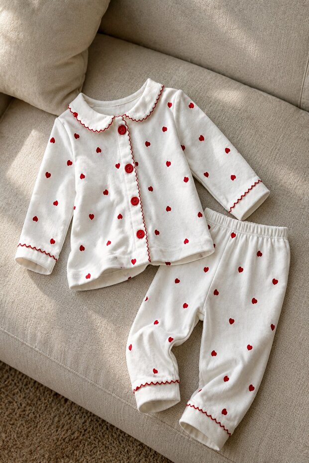 Baby Girl Set - Pajama Set - Heart Patterned 2-Piece Set with Collar and Buttoned Bottom and Top Set