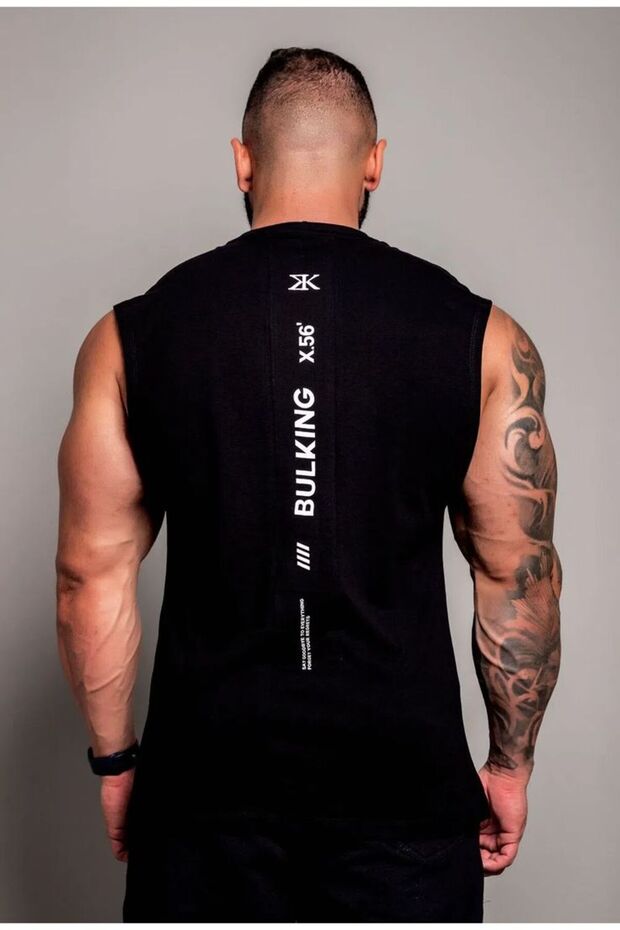 Oversize Relaxed Fit Back and Chest Printed Black Men's Tank Top / Zero Sleeve