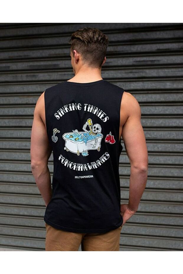 Oversize Relaxed Fit Back and Chest Printed Black Men's Tank Top / Zero Sleeve
