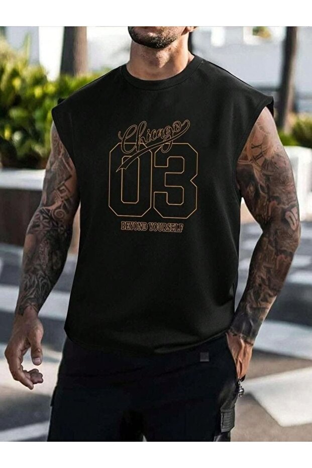 Oversize Relaxed Fit Back and Chest Printed Black Men's Tank Top / Zero Sleeve