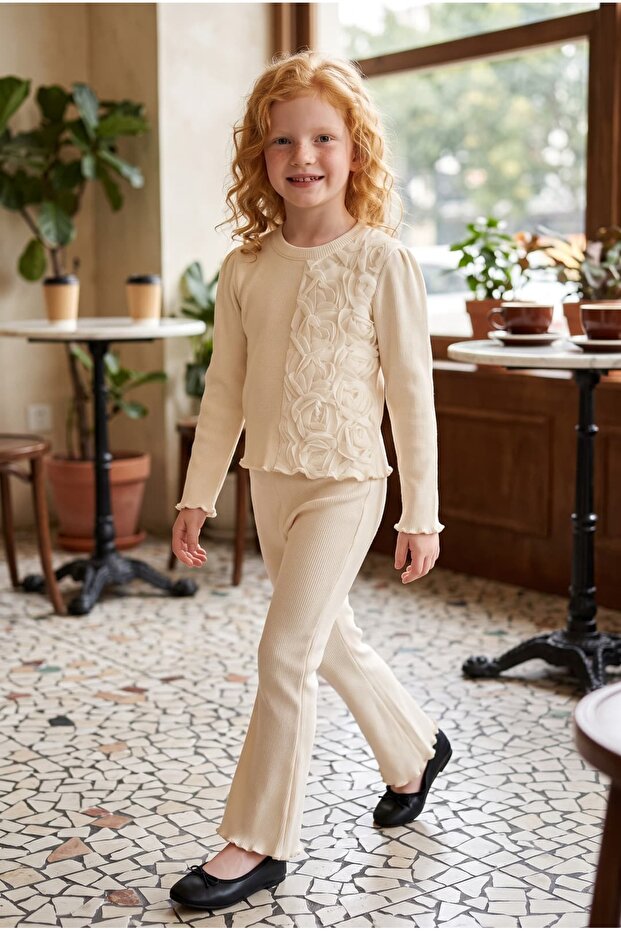 Girls' Fall Collection Rose Embroidered Camisole Blouse and Pants Set for Ages 3-8
