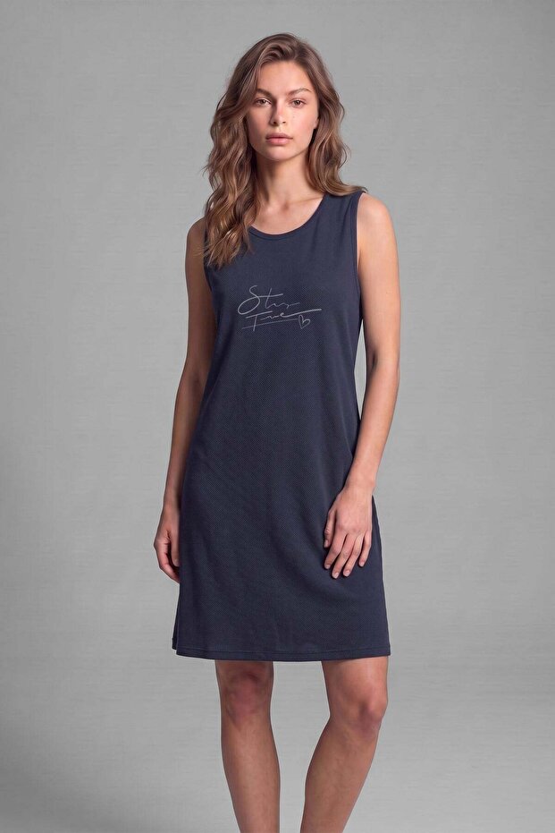 Vienetta Women's Cotton Blend Home-Beach Dress Navy Blue
