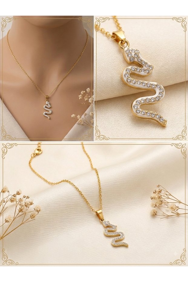 Women's Gold Plated White Enamel Zircon Stone Snake Figured Necklace Stylish Gift Peak Elegance Necklace
