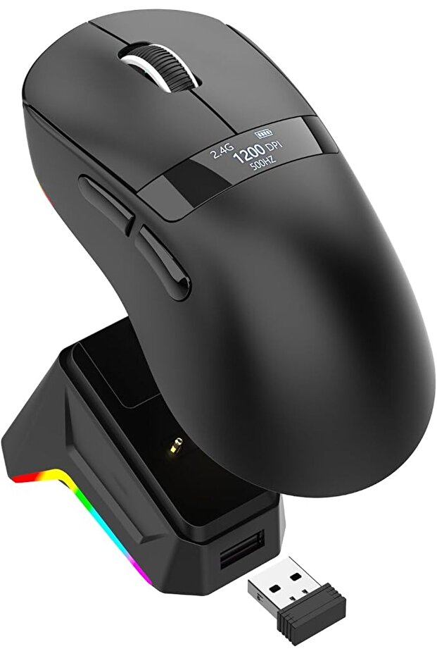 ماوس العاب لاسلكي M6 ثلاثي الاوضاع 2.4G/USB-C سلكي/بلوتوث، مع قاعدة شحن ببصمة الاصبع باضاءة RGB قابل