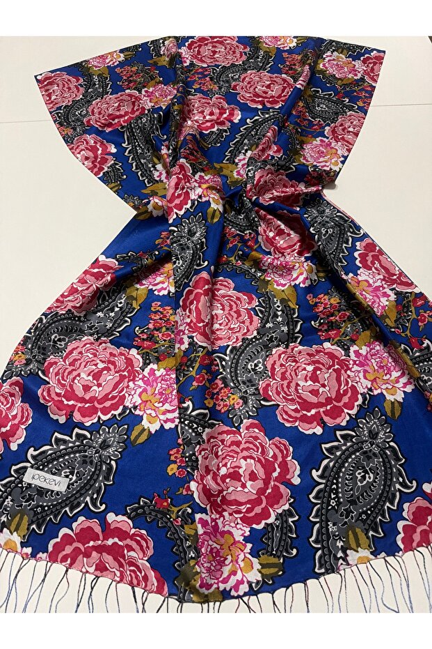 Cobalt Blue Nevbahar Patterned Silk Shawl