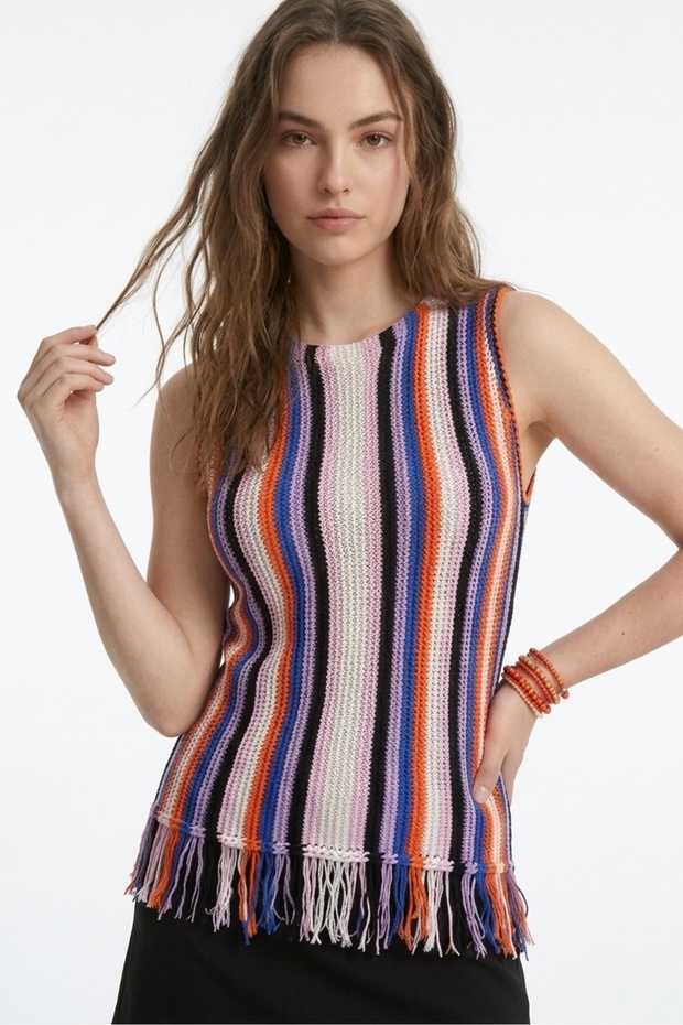 Women's Multicolor Striped Tassel Knitwear Blouse