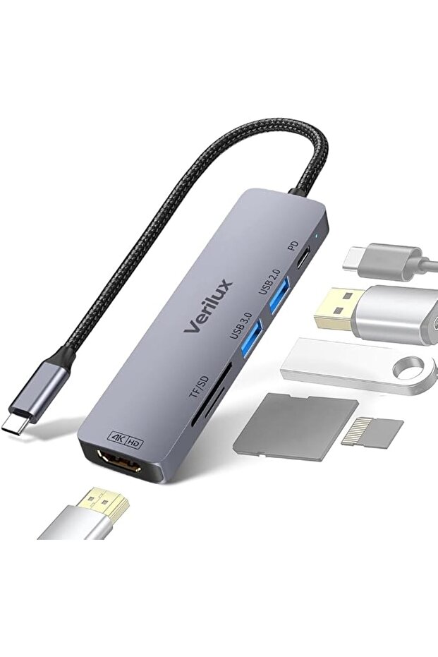 هاسثيب محول موزع USB C 6 في 1 مع 4K HDMI 30Hz، شحن سريع PD 100 واط، منافذ USB 3.0 مزدوجة، قارئ بطاقا