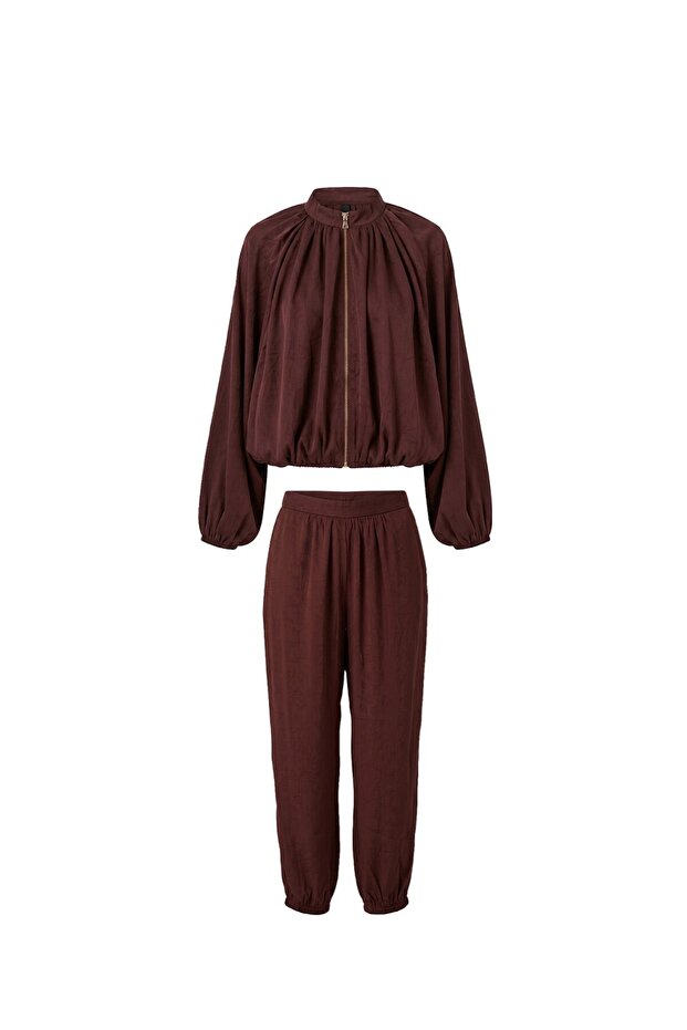 Brown Soho Bomber Jacket Pants Satin Set