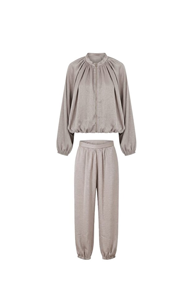 Beige Soho Bomber Jacket Pants Satin Set