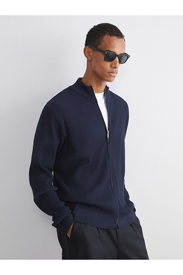 Mg Trenden Navy Blue Mock Neck Men's Cardigan