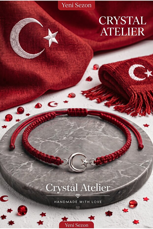 Moon Star Red Macrame Knitted Rope Bracelet - Adjustable Unisex National Team Fan Gift