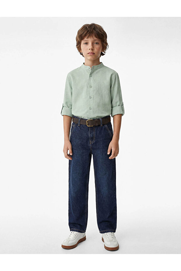 Buttoned Stand Collar Cotton Basic School Shirt