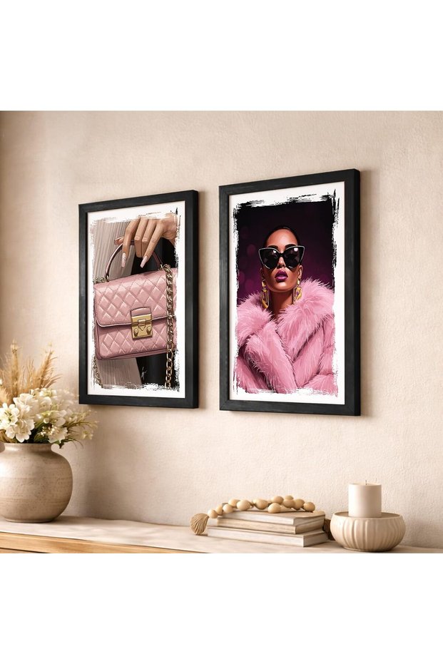 Signtouch Pink Fashion Girl Glam Boutique Wall Art 2-Piece Black Frame 40x60 cm