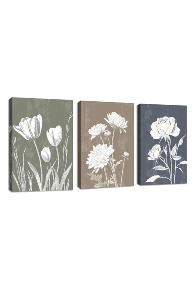 Signtouch Neutral Floral Botanical Wrap Framed Canvas Wall Art Set of 3 50x70 cm