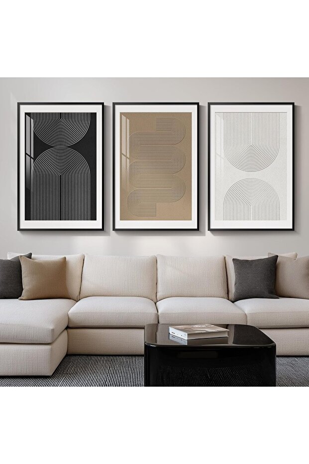 Signtouch Boho Black Beige Geometric Wall Art 3-Piece Wooden Frame 40x60 cm