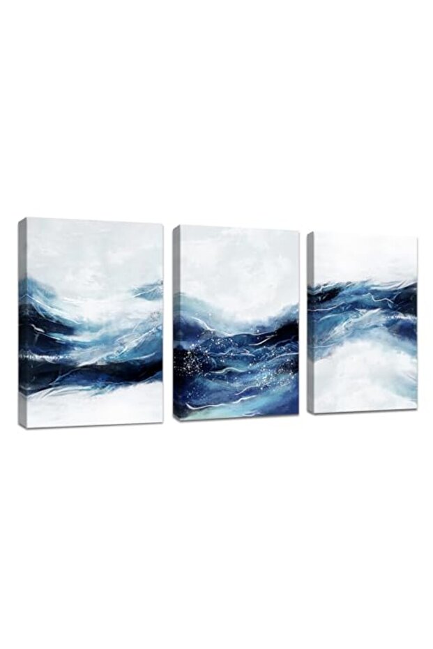 Signtouch Navy Blue Sea Wave Wrap Framed Canvas Wall Art Set of 3 30x40 cm