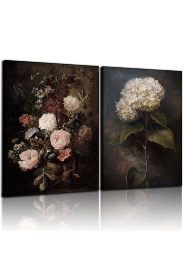Signtouch Vintage Dark Floral Wrap Framed Canvas Wall Art Set of 2 40x60 cm