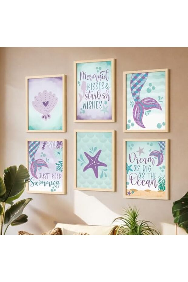 Signtouch Mermaid Girls Nursery Princess Wall Art 6-Piece Outer Frame 40x60 cm