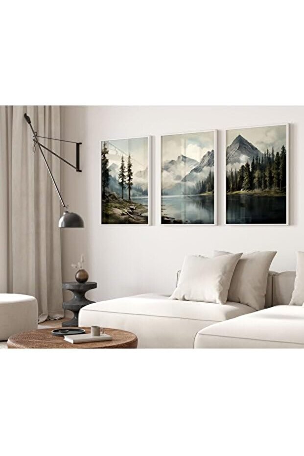 Signtouch Scandinavian Mountain Landscape Wall Art 3-Piece White Frame 50x70 cm