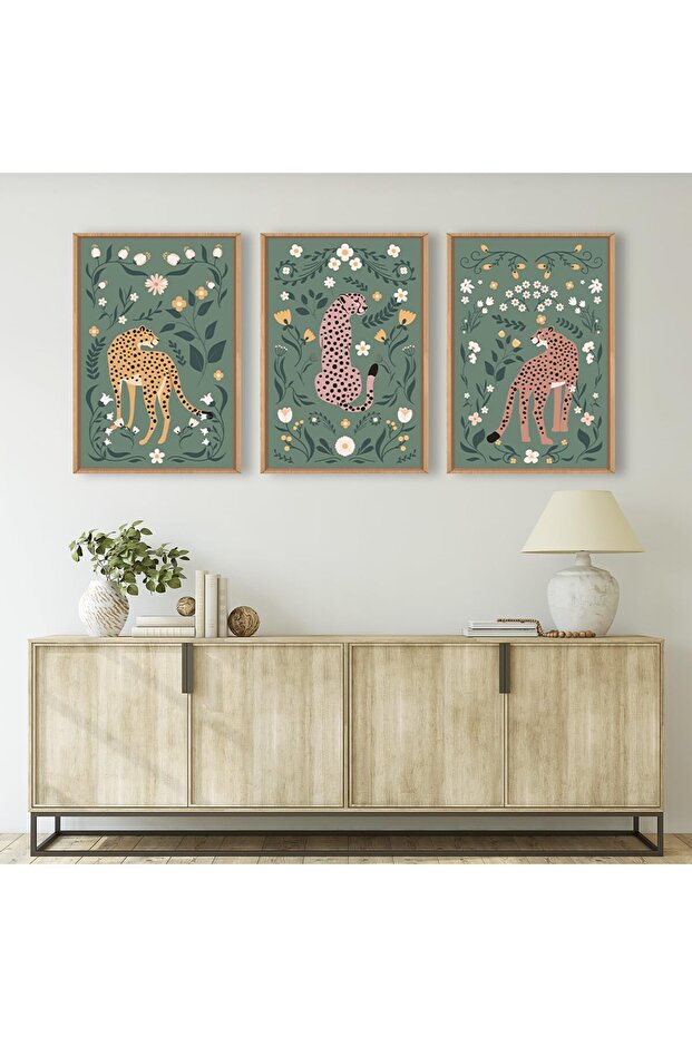 Signtouch Cheetah Floral Leopard Animal Wall Art 3-Piece Wooden Frame 30x40 cm