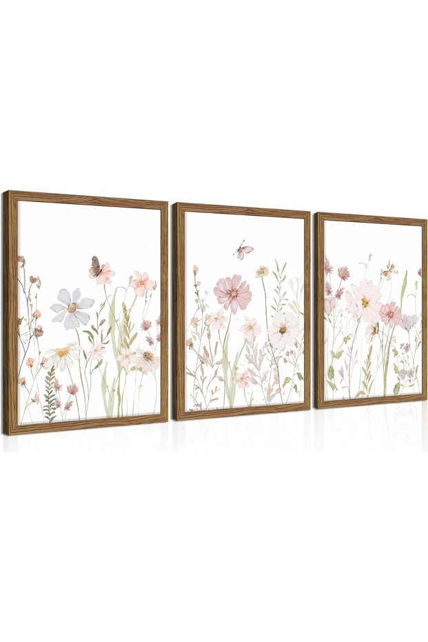 Signtouch Wildflower Pink Floral Nursery Framed Wall Art 3-Piece 50x70 cm
