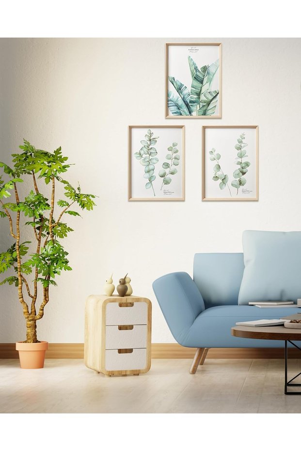Signtouch Navy Blue Floral Botanical Wall Art 3-Piece Wooden Frame 30x40 cm