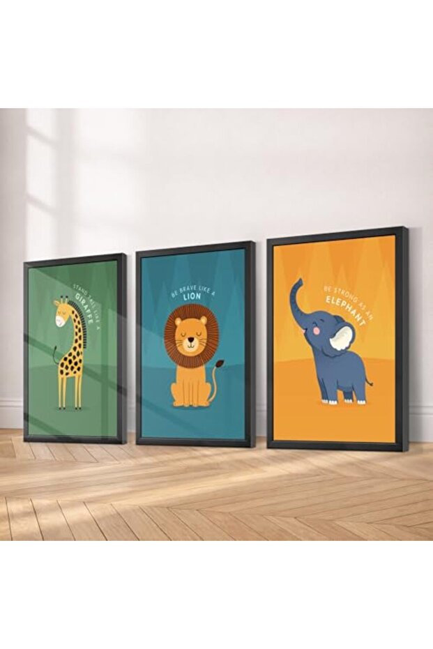 Signtouch Jungle Safari Animal Nursery Wall Art 3-Piece Black Frame 40x60 cm