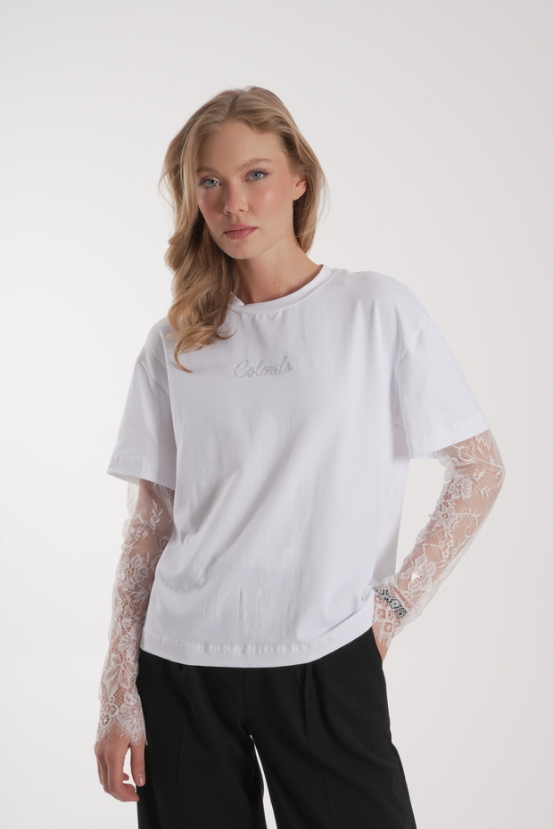 Women's Stone Print Lace Detail Blouse