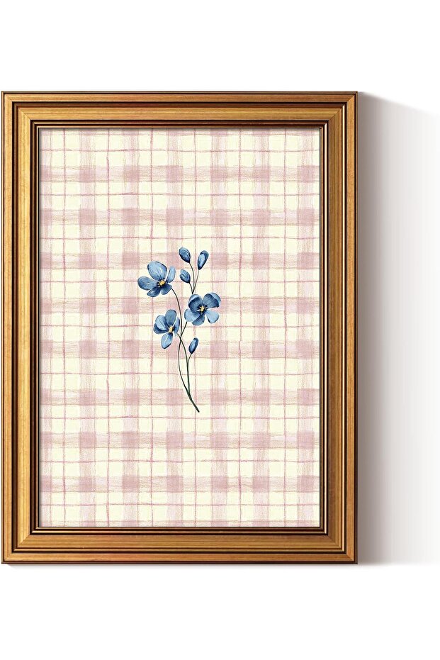 Signtouch Blush Striped Grid Minimal Blue Floral Wall Art Gold Frame 50x70 cm