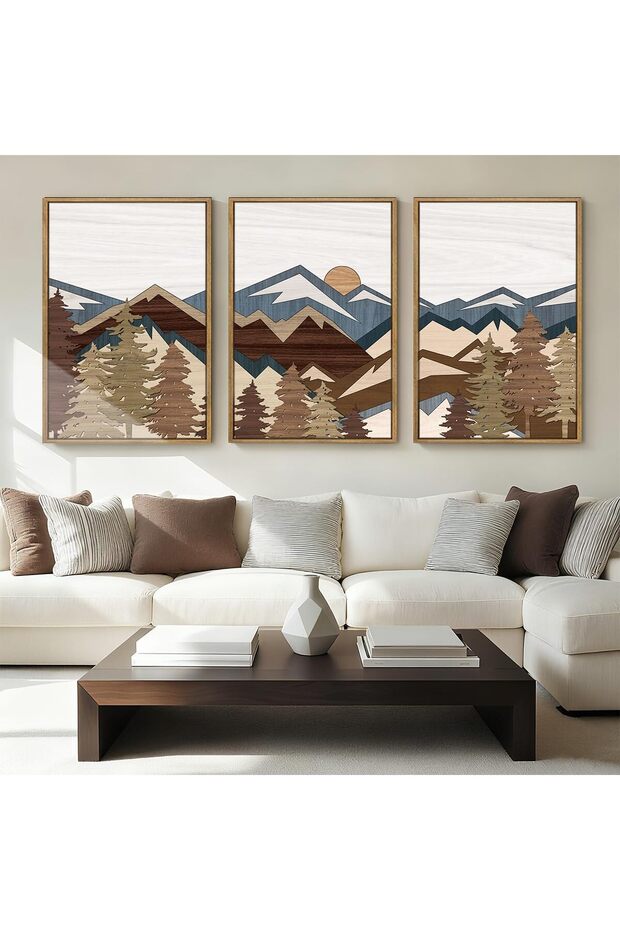 Signtouch Scandinavian Mountain Landscape Wall Art 3-Piece Black Frame 50x70 cm