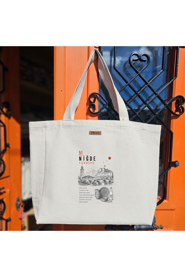 History and Natural Beauties of Nigde Turkey Printed Natural Canvas Tote Bag with White Handle - Medium