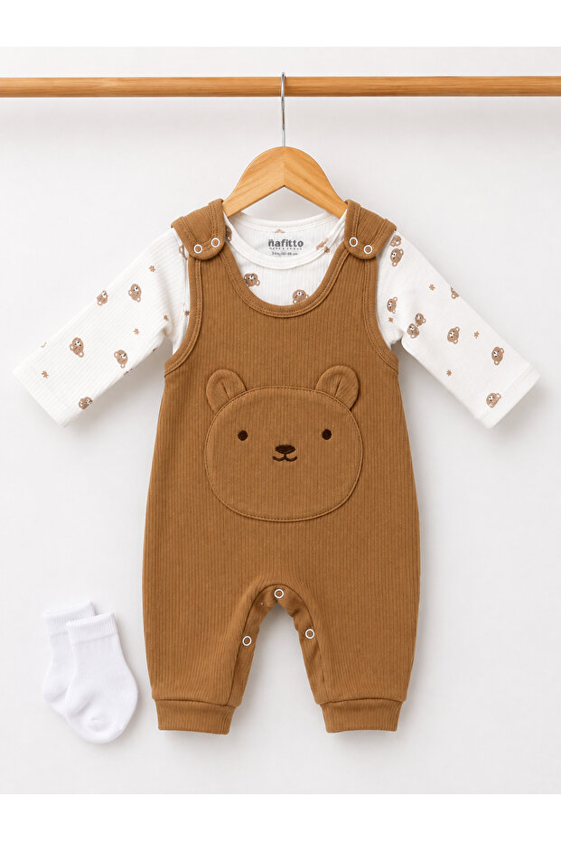 100% Baby Newborn Boy Teddy Bear Patterned Jumpsuit Set - Long Sleeve