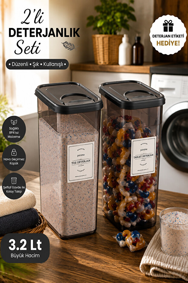 Te-150 2-Pack Detergent Storage Box Labeled Storage Container Multi-Purpose Storage Container Set with Sliding Lid Food and Powder Detergent Storage Container 3.2Lt