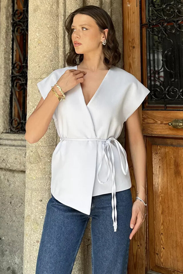 Women's Double-Breasted Collar Waist-Tie Detailed Lined Vest